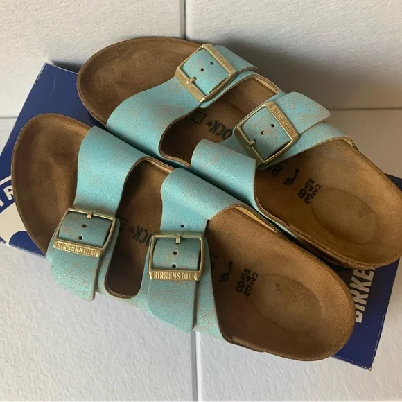 Women’s Birkenstock Arizona Washed Metallic Aqua Sandals Shoes 38 - Picture 1 of 4